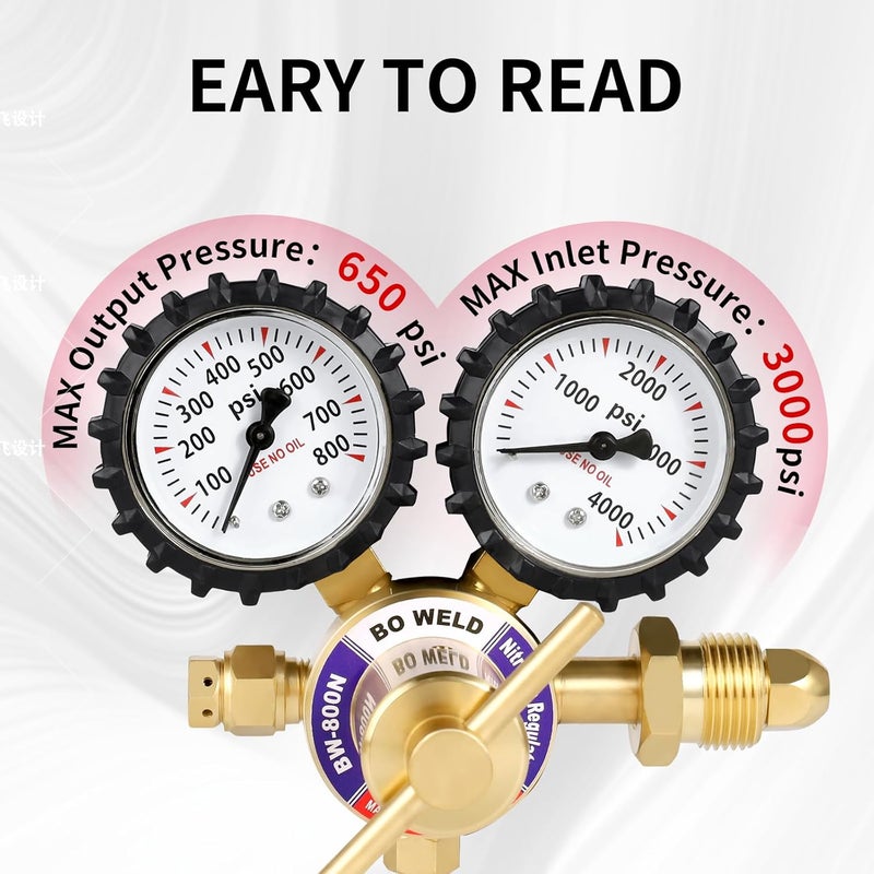 BOWELD BO WELD Nitrogen Regulator with 0-800 PSI, CGA580 Inlet Connection and 1/4'' Male Flare Outlet Connection Gauges - Image 2